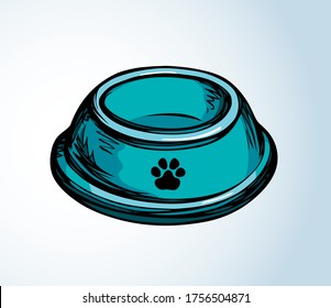 Old big steel circle shape tray on white floor space for text. Bright teal color hand drawn mammal treat meat utensil object logo banner design in art modern doodle comic style. Closeup top macro view