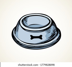 Old big steel circle shape tray on white floor text space. Light silver color hand drawn mammal treat meat utensil object logo banner design in art modern doodle comic style. Closeup top macro view