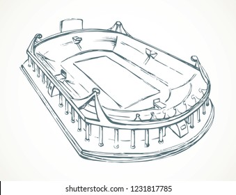 Old big urban empty ballpark grass lawn area. Line ink hand drawn college  theater frame background. Outline aerial top view
