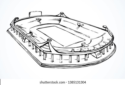 Old big urban empty ballpark grass lawn area. Line black ink hand drawn college lane row theater frame background. Cup sign in retro art cartoon style on paper space for text. Outline top plan view