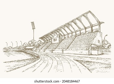 Old big village ballpark lawn. Line black ink hand drawn college row track theater cup symbol backdrop in retro art doodle cartoon style pen on paper space for text. Outline national town venue view