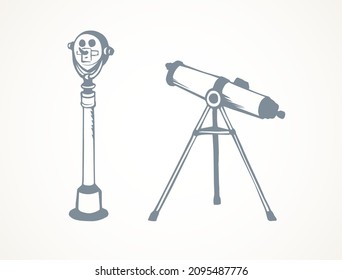 Old big vintage tourist see operate monocular tube device. Line black ink pen hand drawn antique tourism vacation city landscape sight white logo emblem learn eyepiece. Retro art cartoon sketch style