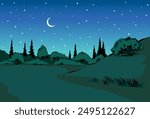Old big yard mount hand drawn green wood dale slope travel shrub lawn scene art style. Abstract artist bog morass mire water flora north tourism twilight starry text space artwork scenic view backdrop