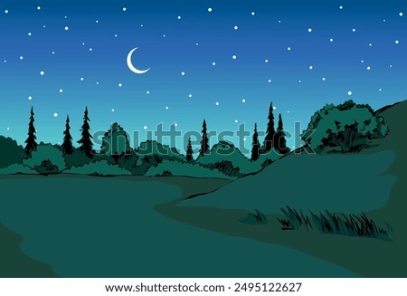 Old big yard mount hand drawn green wood dale slope travel shrub lawn scene art style. Abstract artist bog morass mire water flora north tourism twilight starry text space artwork scenic view backdrop