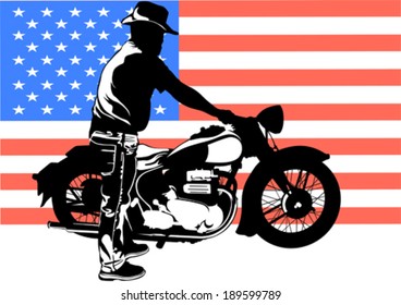 Old biker and retro motorcycle on american flag