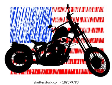 Old biker and retro motorcycle on american flag