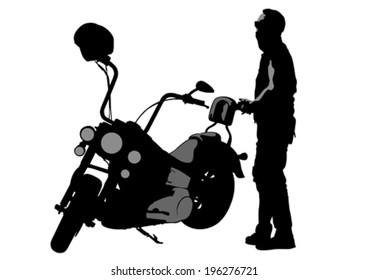 Old biker and retro motorcycle on white background