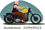An old biker rides his motorcycle down the road. The man rides the bike with joy. Stock vector illustration