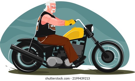 An old biker rides his motorcycle down the road. The man rides the bike with joy. Stock vector illustration