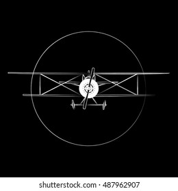 Old biplane in round frame as emblem, sign or logo. Vector illustration on black background 