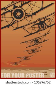 Old biplanes flying over evening sea, retro aviation background. Vector poster