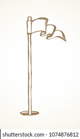 Old birdie pitch pole pointer location on white backdrop. Freehand line black ink hand drawn fit object logo accessory emblem pictogram sketchy in art retro engraving style pen on paper space for text