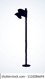 Old birdie pitch pole pointer location on white backdrop. Dark black ink hand drawn fit object logo accessory emblem pictogram sketch in art retro engraving contour style with space for text