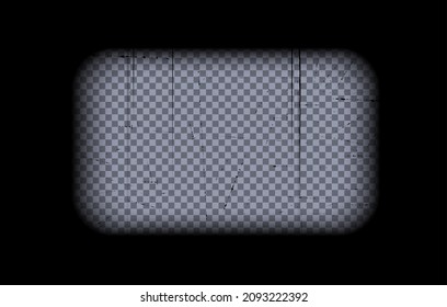 Old black cinematic frame on a transparent background. Scratched vintage video or photo tape. 3d realistic screen in retro style with grunge pattern. Antique slide template. Vector card illustration.
