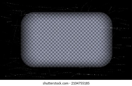 Old black cinematic frame on a transparent background. Scratched vintage video or photo tape. 3d realistic screen in retro style with grunge pattern. Antique slide template. Vector card illustration.