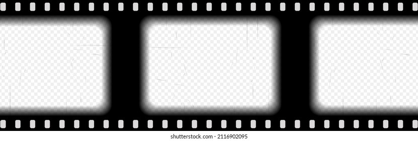 Old black cinematic frame with transparent background. Antique filmstrip slide template in realistic style. Vector illustration video and photo tape.