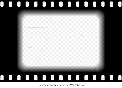 Old black cinematic frame with transparent background. Antique filmstrip slide template in realistic style. Vector illustration video and photo tape.