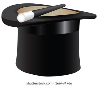 Old black cylinder hat with a magic wand. Vector illustration.