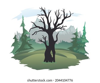 An old black dying tree in a forest clearing. Forest and mountain landscape in the background. Vector illustration isolated on white.