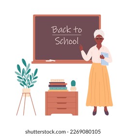 Old black female teacher at classroom near blackboard. Education, lecture and lesson at school. Vector illustration in flat style