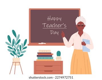 Old black female teacher at classroom near blackboard. Education, lecture and lesson at school. Happy Teacher's Day. Vector illustration in flat style