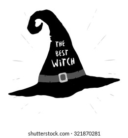 Old black hat. Lettering The best Witch. Design element for Halloween. 