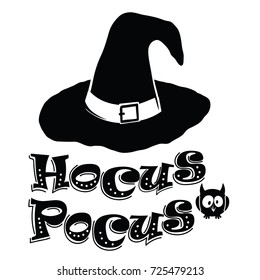 Old black hat silhouette  Isolated Witch hat and inscription Hocus Pocus  Design element for Halloween 