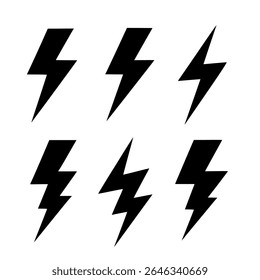 old black lightning bolt vector icons set. This minimalistic collection features six identical lightning shapes aligned in a clean horizontal layout