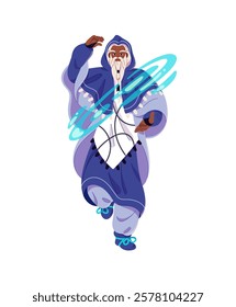 Old black magician in cloak with hood casting spells. Magic character, medieval witch does witchcraft. Bearded wizard, sorcerer controls water. Flat isolated vector illustration on white background