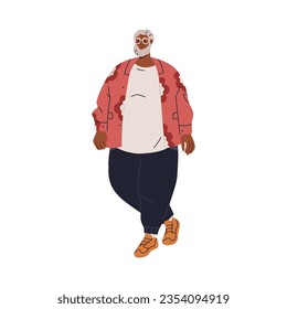 Old black man with fat chubby body. Happy African-American person with obesity. Senior elderly chunky stout male character walking, smiling. Flat vector illustration isolated on white background