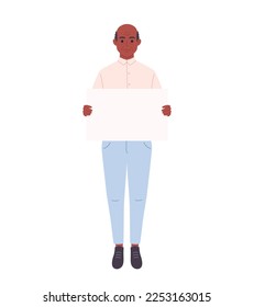 Old black man holding clean empty banner or placard. Activism, social movement. Democracy, rally and protest. Vector illustration in flat style