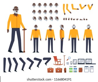 Old black man in yellow shirt creation kit. Create your own action, pose, animation. Various figure design elements. Flat design vector illustration