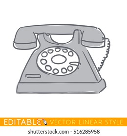 Old black phone. Editable outline sketch icon.