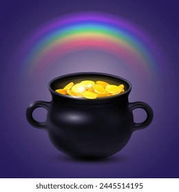 Old black pot with shining golden coins on dark background with rainbow. EPS 10 illustration created using gradient meshes