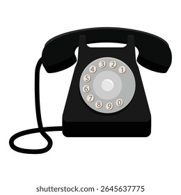 Telefone retro preto velho com placa de discagem isolada no fundo branco. Telefone antigo envelhecido. Ilustração vetorial
