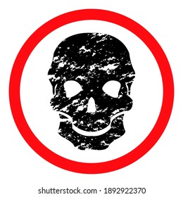 Old black shabby skull on white background, red round sign, vector illustration