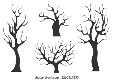 Old black trees without leaves. Set of old black trees isolated on white background. A collection of trees without leaves.