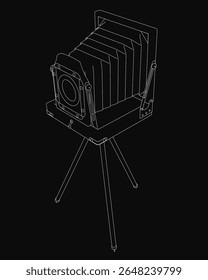 An old black and white camera mounted on a tripod, set against a sleek black background, exuding a classic and timeless aesthetic. The vintage design features intricate details, perfect for.