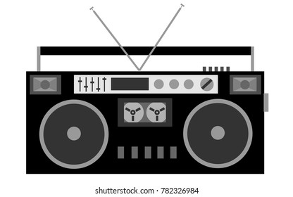Old, black and white, cassette retro audio stereo recorder of the 80s on a white background.