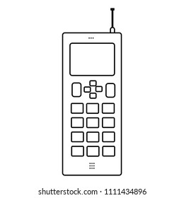 Old black and white cellular big button square retro hipster vintage mobile phone with antenna painted strokes.
