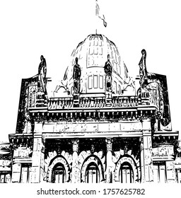 
old black and white european building and dome architecture with flag of prague