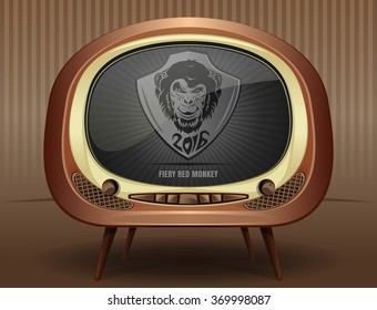 The old black and white TV broadcasts symbol 2016 year - a monkey. 2016 - year of the red fiery monkey. Steampunk Christmas card. Vector illustration in retro style.