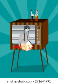 Old black and white tv set and a girl vector illustration
