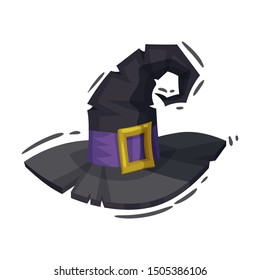 Old black witch hat. Vector illustration on a white background.