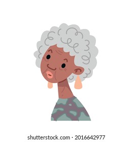 Old Black Woman Avatar. Portrait Of A Funny Grandmother. Cartoon Pensioner Wearing Earrings And A Fashionable Sweater With An Animal Print. Avatar Vector Flat Illustration.