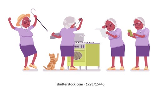 Old Black Woman, Elderly Person Cooking Food, Using Mobile Phone. Senior Citizen Over 65 Year, Retired Grandmother, Old Age Pensioner. Vector Flat Style Cartoon Illustration Isolated, White Background