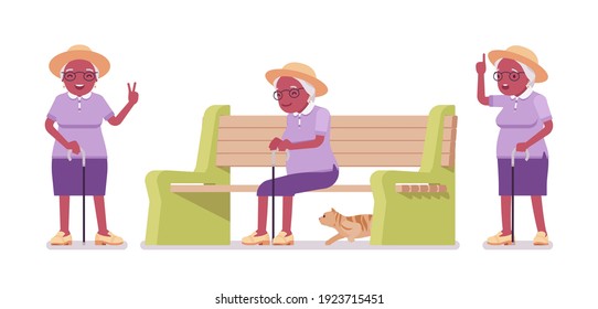Old black woman, elderly person sitting on bench. Senior citizen over 65 years, retired grandmother, old age pensioner. Vector flat style cartoon illustration isolated, white background