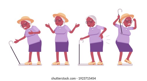 Old black woman, elderly person having heart, back ache. Senior citizen over 65 years, retired grandmother, aged pensioner. Vector flat style cartoon illustration isolated, white background