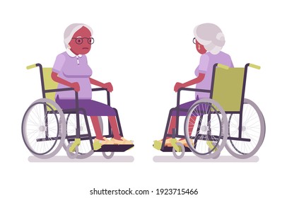 Old black woman, elderly person sitting in a wheelchair. Senior citizen over 65 years, retired grandmother, aged pensioner. Vector flat style cartoon illustration isolated, white background