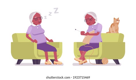 Old Black Woman, Elderly Person Knitting In Armchair, Sleeping. Senior Citizen Over 65 Years, Retired Grandmother, Aged Pensioner. Vector Flat Style Cartoon Illustration Isolated, White Background